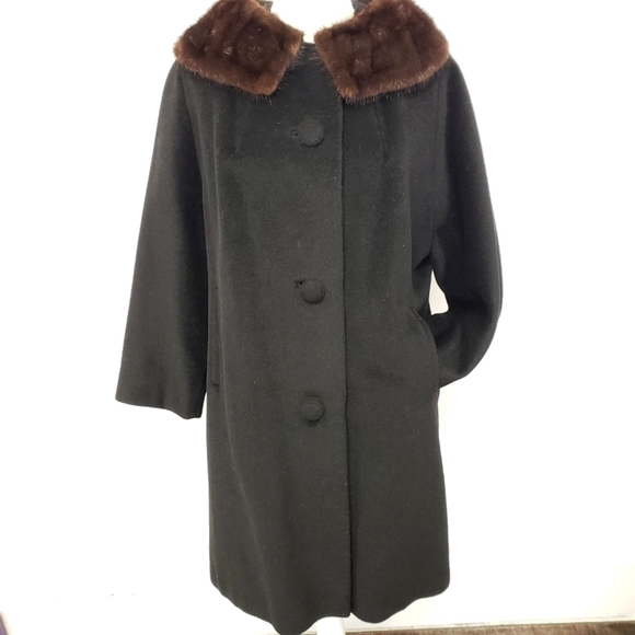 Vtg Townly Wool Dress Coat Mink Fur Collar Black L Satin Lined EUC Mid Century - Picture 1 of 16